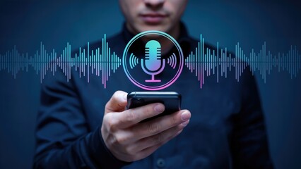 Man uses smartphone with glowing microphone icon and audio waveform visualization overlay