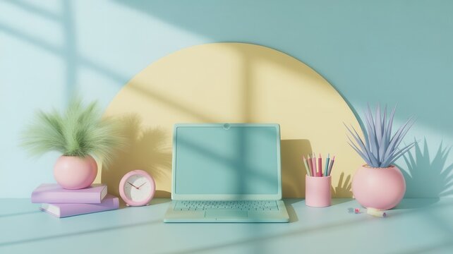Pastel workstation with laptop, stationery, and botanical accents in soft light
