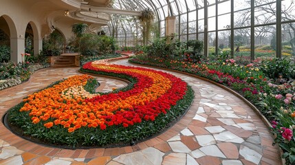 An indoor botanical conservatory with extensive glass walls and winding pathways