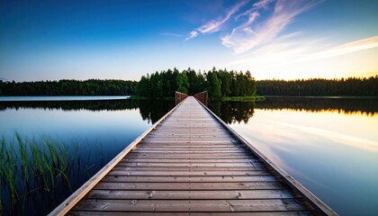 Picturesque serenity: Wooden pier extending into tranquil lake at twilight hour