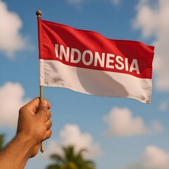 A hand holding a red and white flag with the word Indonesia on it. The flag is waving in the air, and the sky is blue with some clouds. Indonesian flag. Indonesian Independence Day. 