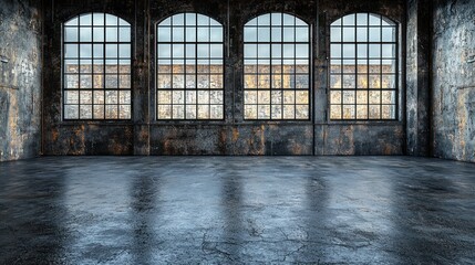 An industrial loft workspace with concrete floors and large