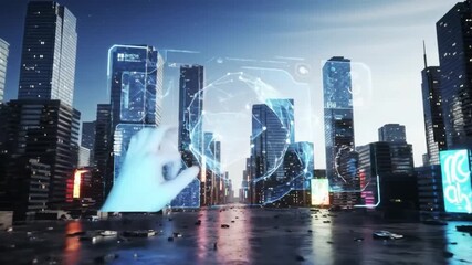 Futuristic virtual touch interface with glowing HUD elements on a digital background.
 - Powered by Adobe