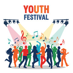 Fototapeta premium Energetic silhouettes of young people dancing joyfully at a youth festival, illuminated by spotlights and musical notes.