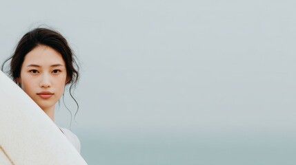 Surfer in Solitude, a diverse woman riding waves, surrounded by a minimalist landscape, embodying freedom and strength in a serene, open environment.