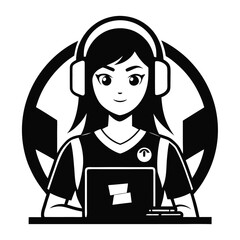 Monochromatic Gamer Girl Avatar Vector Illustration a Focused Young Woman Playing on Her Laptop with Headphones On and Logo at the Screen