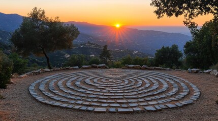 An intricate stone labyrinth carved into a hillside
