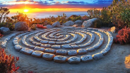An intricate stone labyrinth carved into a hillside