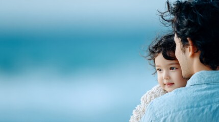 Joyful father lifting daughter on shoulders, cheerful expression, minimalist backdrop, clear and uncluttered environment, emphasizing connection and happiness.