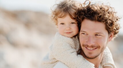Joyful father lifting daughter on shoulders, serene environment, minimal distractions, emphasizes connection and happiness, open space enhancing warmth and affection