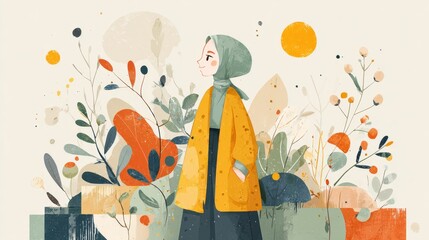 Smiling Woman in Hijab with Abstract Floral Background, a vibrant illustration showcasing a joyful expression set against a colorful, artistic floral design