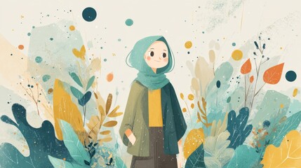 Smiling Woman in Hijab Surrounded by Abstract Floral Patterns, vibrant colors, elegant design, harmonious blend of cultural beauty and artistic expression, inviting and uplifting atmosphere