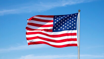 American flag with vibrant red and white stripes flutters against a bright blue sky
