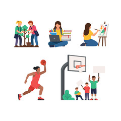 Diverse figures engaging in various activities, including planting, studying, painting, and sports.