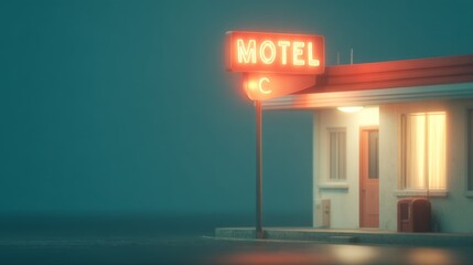 Motel Serenity at Night, a tranquil illustration of a secluded motel illuminated by soft lights, minimalistic surroundings, and ample open space inviting calmness.