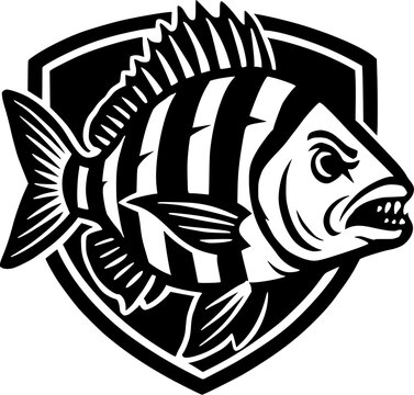 Sheepshead Vector Drawing &ndash; Bold Black and White Sport Fish Illustration for Fishing Charters and Design Projects