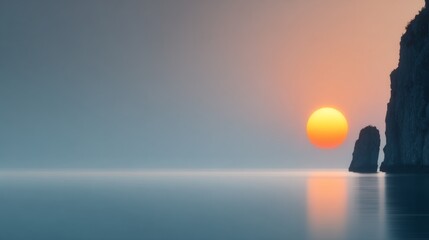 Sunrise Serenity Over Tranquil Waters, a calm sea illuminated by the sun's reflection, framed by two silhouetted rock formations against a minimalist backdrop.
