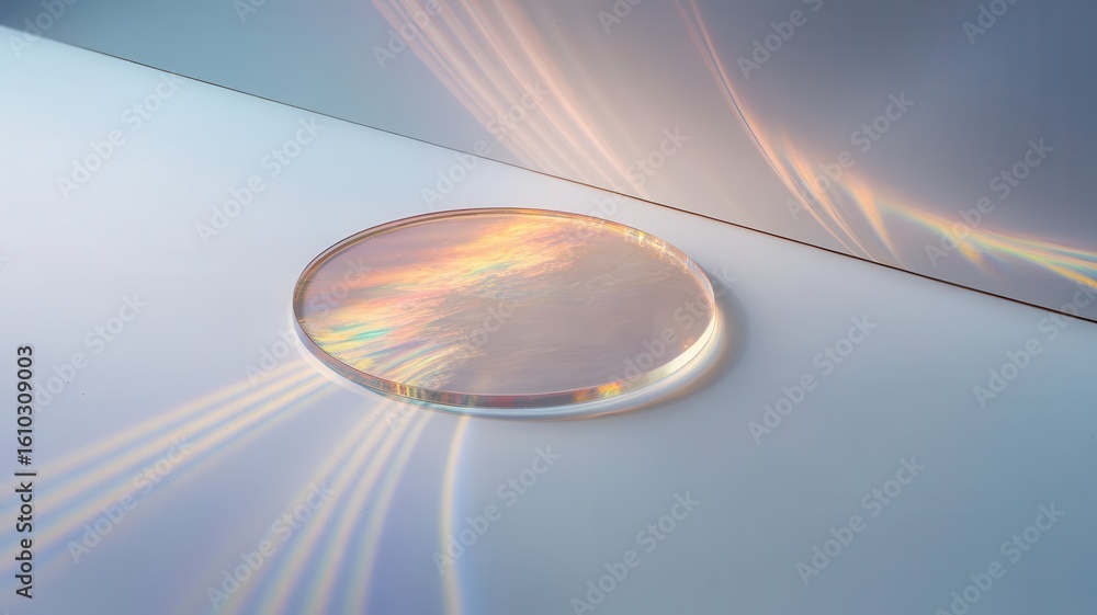 Aufkleber circular translucent disk with iridescent reflections on a smooth surface