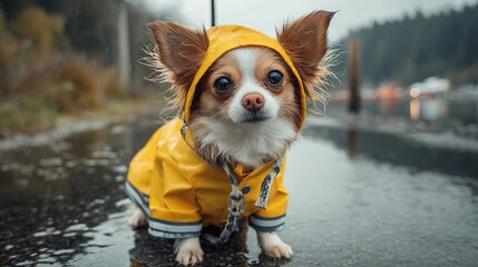 A small brown and white Chihuahua wearing a bright yellow raincoat sits on a reflective surface. The background is dark and moody, enhancing the dog's features.