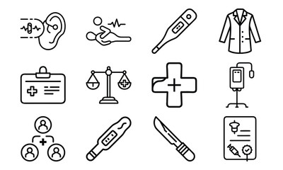 Comprehensive Medical Line Icons Set – Hearing Test, CPR, Thermometer, Doctor Coat, IV Drip, Medical Ethics, ID Badge, Surgical Tools, Certificate, and Healthcare Team Symbols for Apps,