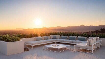 Fototapeta premium Luxury Patio Retreat at Sunset, Minimalist Outdoor Seating Overlooking Serene Landscape