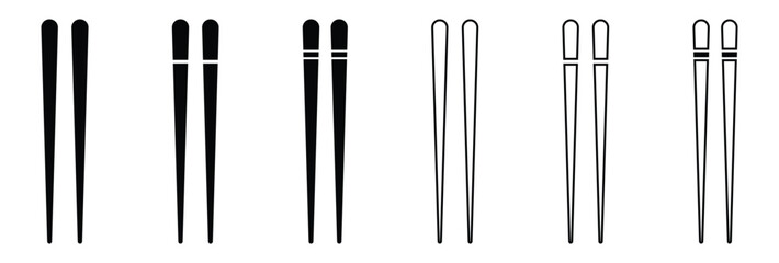 Chopsticks Vector Collection – Silhouettes and Icons with Bowls in Various Orientations on White Background.