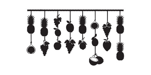 Silhouette fruit hanging decoration pineapple grapes apple coconut fig vector art