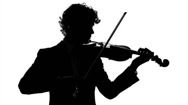 Silhouette of a man playing violin, bow drawn across strings, against white