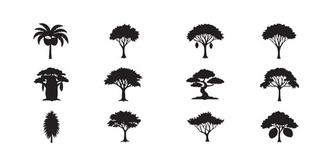 Vector trees silhouettes collection various tree types isolated on white background