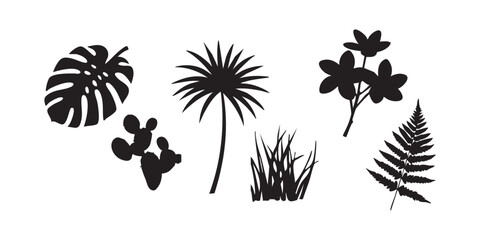 Black and white tropical plants silhouette collection vector design elements set