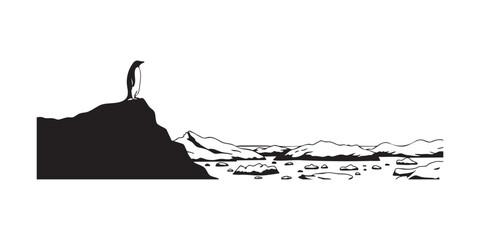 Penguin antarctica landscape black and white vector illustration silhouette art ice