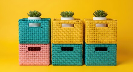 Photo of three stacks of colorful woven storage baskets, each topped with a small succulent plant, are arranged against a vibrant yellow background
