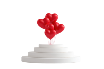Bunch of red heart shaped balloons floating above white podium isolated on a transparent background love