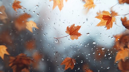 Autumn leaves falling against a rainy window. The scene captures orange and yellow maple leaves with droplets of water on the glass.