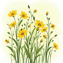 Illustration of bright yellow daisy-like flowers with green stems and leaves against a soft, light background.