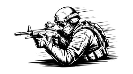 Soldier aiming rifle in dynamic black and white sketch style