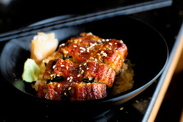 Japanese Grilled Beef Donburi Lunch Set with Side Dishes on Wooden Tray