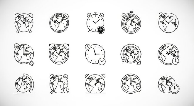 Alarm clock icons with globe design represent time and world