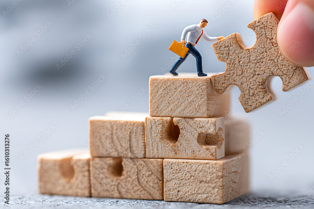 Poster miniature figure assembling puzzle pieces on stacked blocks in an office setting