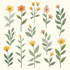 A collection of stylized floral illustrations featuring various flowers and leaf arrangements on a light background.