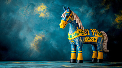 Swedish modern souvenir Dala or Dalecarlian horses, Yellow and blue color wood material with pattern ornaments on blue-painted Background imagination concept