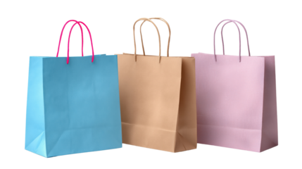 Three paper shopping bags in blue brown and pink with rope handles isolated on a transparent background