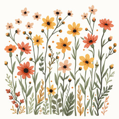 Colorful illustration of various wildflowers with detailed petals and stems, isolated.