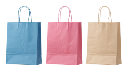 Three paper shopping bags in blue pink and tan colors isolated on a transparent background image