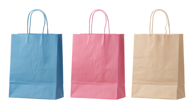 Three paper shopping bags in blue pink and tan colors isolated on a transparent background image