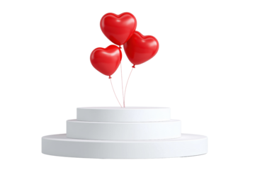 Three red heart shaped balloons floating above a white tiered display podium isolated on a transparent background