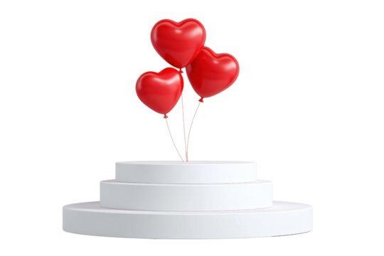 Three red heart shaped balloons floating above a white tiered display podium isolated on a transparent background