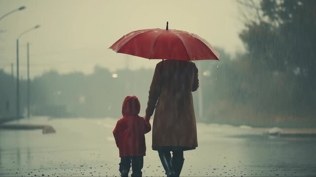 Mother and child share a moment beneath a red umbrella during a rainstorm in a quiet street