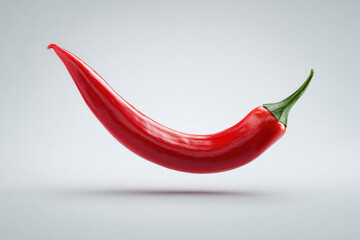 Single red chili pepper floating against a clean light background