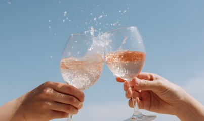 two hands toasting with wine glasses, splashing water in the air, clear sky background